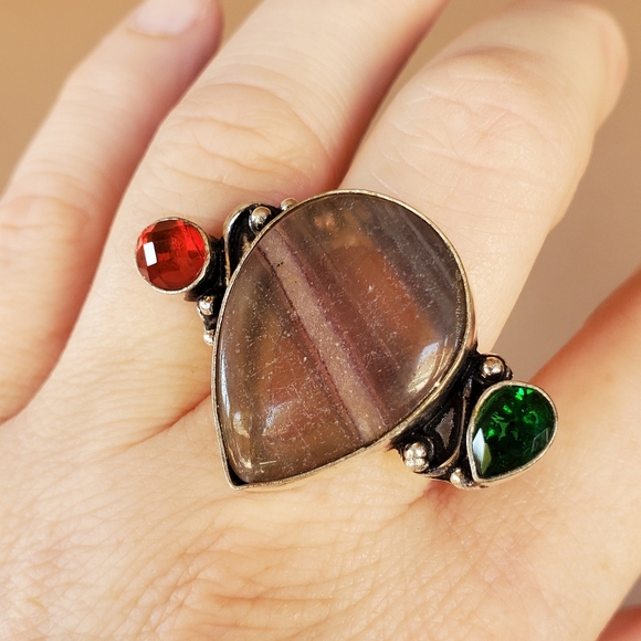 New Fluorite, Garnet and Green Quartz 925 Silver Ring. - Picture 4 of 15